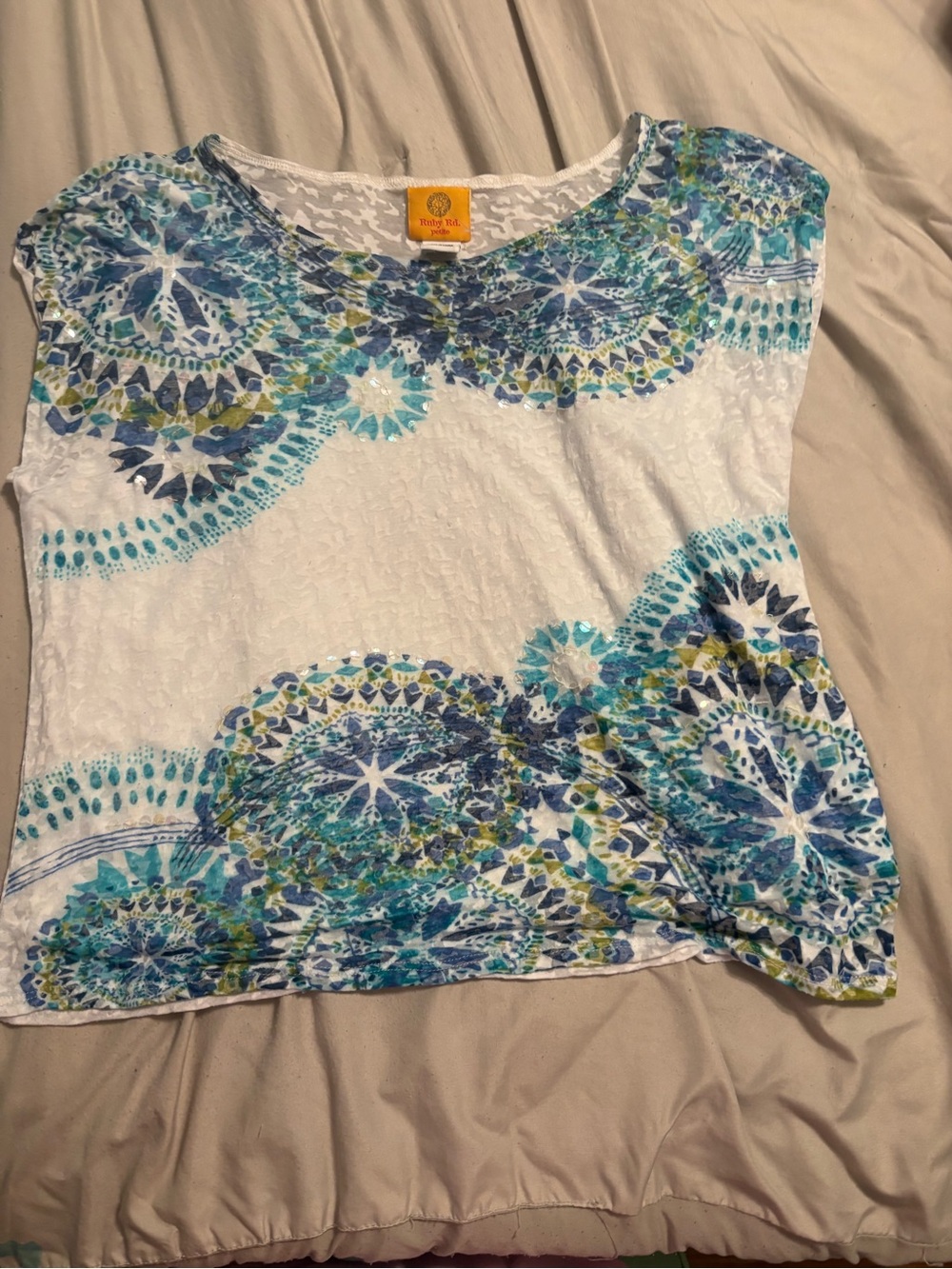 Ruby Rd. White Tee with Blue & Teal Mandala Motif